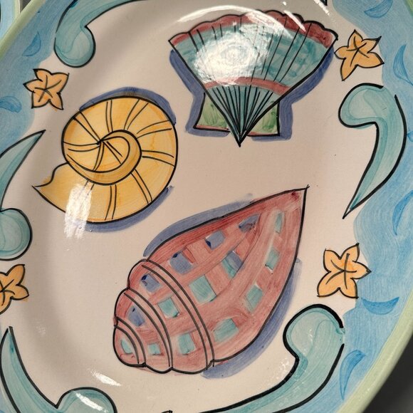 Bella Delray Nautical Seashell Salute Ceramic Platter Bowls Coastal Aqua Trim - Picture 14 of 16